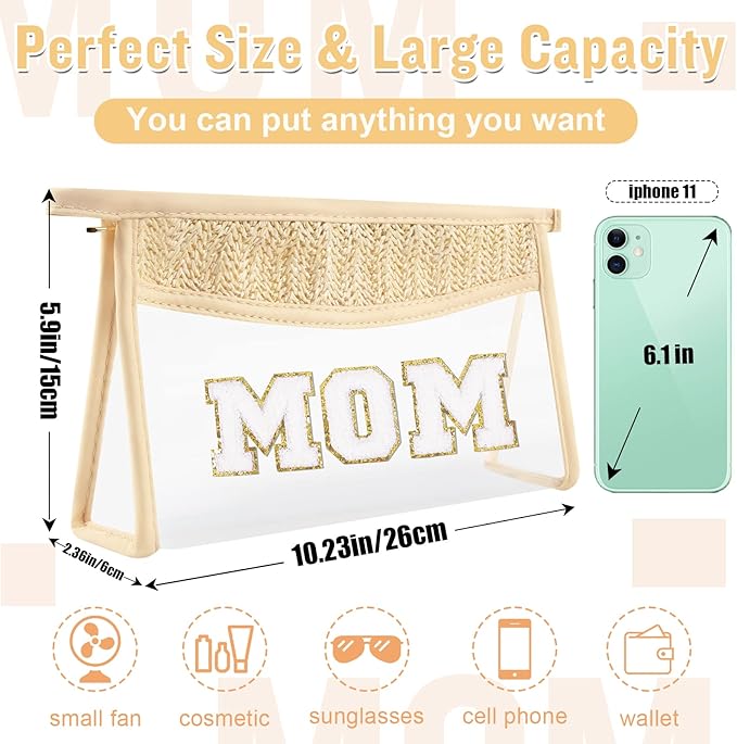 Boho Clear Makeup Letter Patch Makeup Bag MOM Pouch, Clear Toiletry Bag Travel Small Cute Stadium Chenille Letter Cosmetic Zipper Pouch Purse, Transparent Waterproof Diaper Bag Organizing Pouches(MOM)