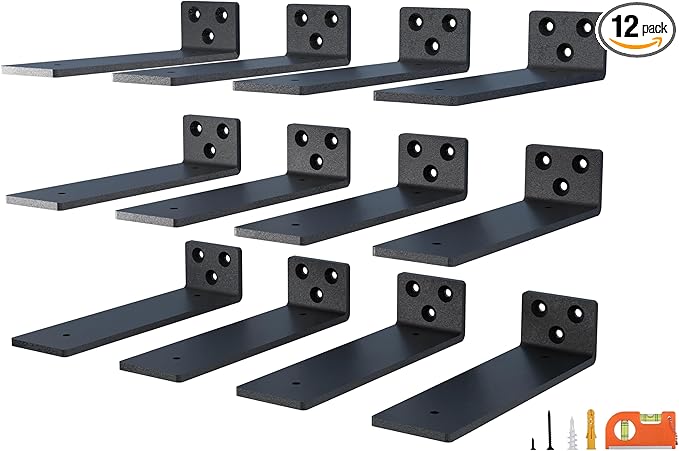 12-Pack 10 Inch Floating Shelf Brackets, Heavy Duty Hidden Shelves Bracket for Small Shelf, Kitchen Shelf, Nursery Shelf, Black Powder Coated Steel