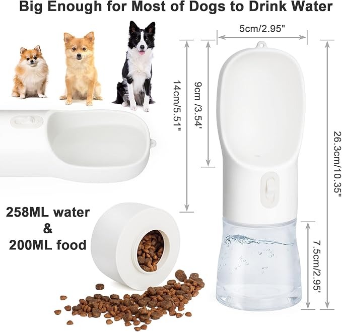 Misthis Portable Dog Water Bottle - Leak Proof Dog Water Dispenser with Bowl & Food Container, Dishwasher Safe Food Grade Plastic for Pet Puppy Outdoor Walking Hiking Travel White