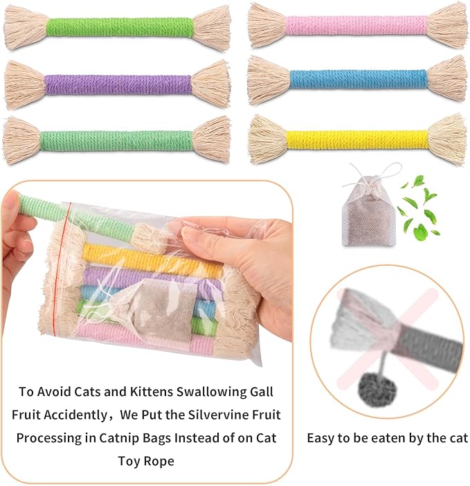 Retro Shaw 6Pcs Kitten Toys Chew Rope, Safe Teeth Cleaning Cat Toys for Indoor Kittens, Soft Cotton Interactive Refillable Catnip Toy for Cats Nip Kicker 6.1 Inches