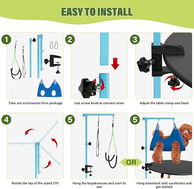 Dog Grooming Arm with Pet Grooming Hammock, 35" Pet Grooming Table Arm with Adjustable No Sit Haunch Holders, Dog Grooming Stand with Loop Noose for Small and Medium Pets, Blue
