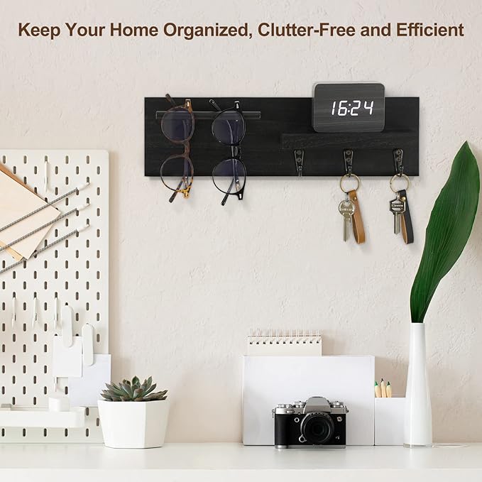Lucundm Key Holder for Wall, Decorative Entryway Shelf with Hooks Holds Keys, Dog Leash, Sunglasses – Key Hanger with 3 Hooks Organizes, Enhances Home Decor (15” x 4.5” x 2.6”) (Black)