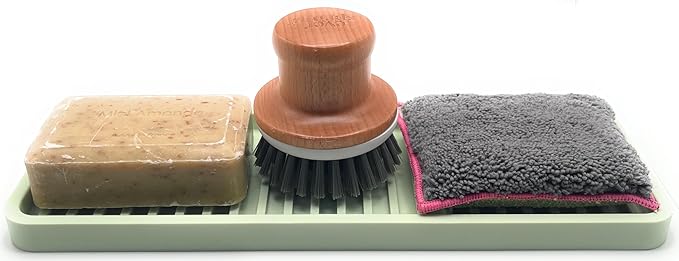 Happitasa Silicone Kitchen Sink Organizer Tray, Sponge Holder and Countertop Protector | Bathroom and Kitchen Soap Dish and Dispenser Tray (Pistachio, 12"x4")