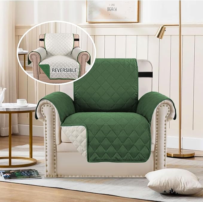 H.VERSAILTEX Water Resistant Dog Chair Cover Reversible Chair Couch Slipcover Quilted Furniture Protector with Elastic Strap Washable Chair Cover for Living Room(Armchair, Christmas Green/Beige)