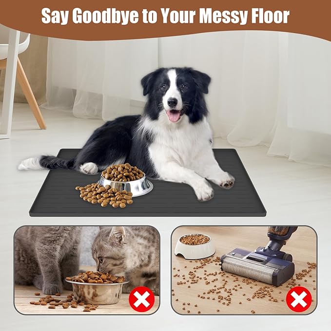 18"x12" Dog Food Mat, Silicone Dog and Cat Mats for Food and Water Bowls, Waterproof Raised Edge Pet Feeding Mat for Contain Spills Protects Floors, Multiple Colors & Sizes for Pets, Deep Green