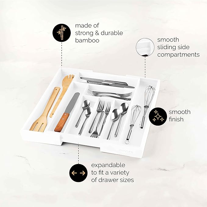 Masirs Expandable Bamboo Kitchen Drawer Organizer - Adjusts to Fit Drawer Size, Ideal for Silverware, Utensils, and Office Supplies, Durable Bamboo Construction