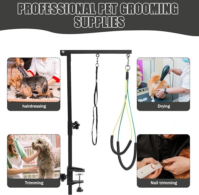 Dog Grooming Table Arm with Metal Clamp,35" Adjustable Portable Arm for Table with 1 Loop Noose & Two No Sit Haunch Holder,Grooming Restraint for Small Medium Pets