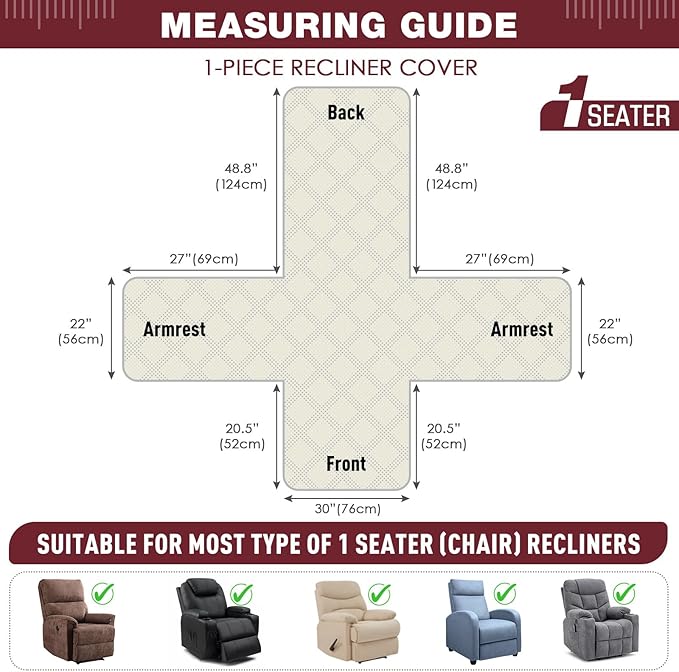 TAOCOCO Waterproof Recliner Chair Covers 30 Inch Wide, Oversized Recliner Covers for Recliner Chair with Pocket, Recliner Slipcovers with Straps Furniture Protector for Kids Pets (30'', Wine)