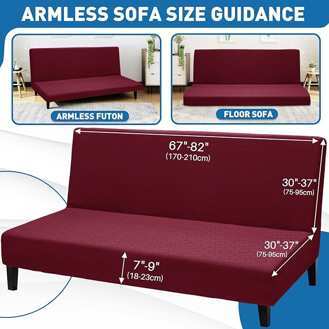 ZNSAYOTX Stretch Fit Futon Cover (67"-82") Armless Futon Sofa Bed Slipcover with Elastic Band, Universal Foldable Sofa Mattress Protector Full Queen Size, Washable Comfort Jacquard (Wine Red)