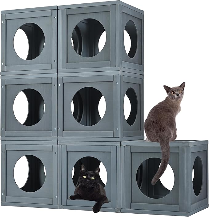 LOVMOR Outdoor Catio with Double Enter Doors, Grey Climbing Shelves, Weatherproof Pine Wood Playground with 7 Freely Combination Wood Boxes