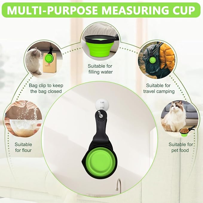 PNEUICALLY Collapsible Dog Food Scoop Foldable Pet Food Bag Clip 3 in 1 Multi-function Silicone Cat Food Measuring Cup Scoop Dog Food Scooper Pet Food Storage Clip (Green, 1/2 Cup Capacity(1 Pack))