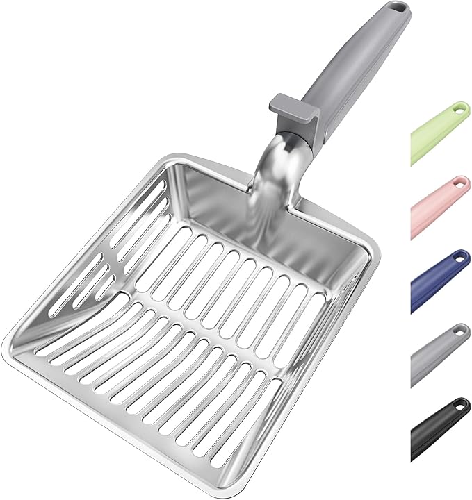 KooMooM Metal Cat Litter Scoop, Large Cat Scooper with Deep Shovel & Dual Sifting Holes for Fast & Precise Sifting, Space Aluminum Kitty Litter Scooper with Long Handle & Easy-to-Hang Hook - Grey