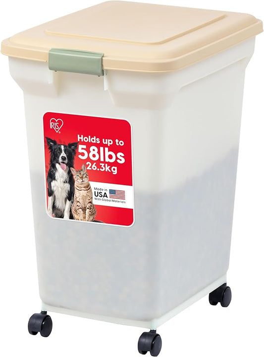 IRIS USA 58 Lbs / 67 Qt WeatherPro Airtight Pet Food Storage Container with Attachable Casters, For Dog Cat Bird and Other Pet Food Storage Bin, Keep Fresh, Translucent Body, Pearl/Almond