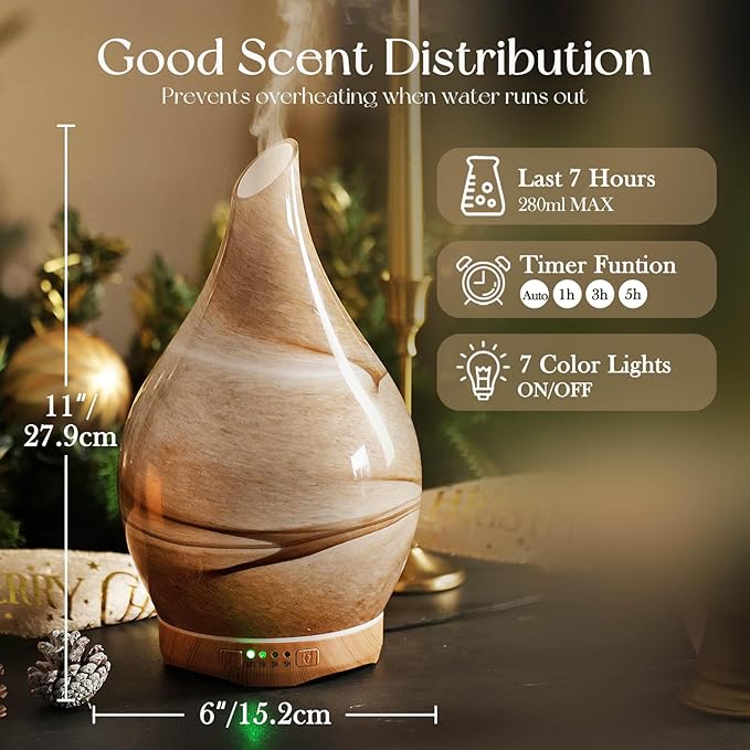 Porseme 280ml Essential Oil Diffuser Glass Color Changing Aroma Air Diffusers Aromatherapy Ultrasonic Cool Mist Humidifier 7 Running Hours Waterless Auto-Off for Sleeping, Yoga, Office, Spa (Desert)