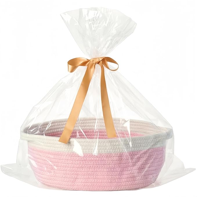 Small Woven Gift Basket Empty with Bag & Ribbon - Gifts for Mom, Baby Shower, Birthdays & Raffle - Cotton Rope Storage Basket for Dog Toys or Shelf - 12"x8"x5", White & Pink