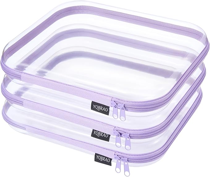 YQBRAO 3-Pack Large Clear Hard Shell Zipper Case, 1.2mm Ultra-Thick Rigid Toy & Closet Organizer, Heavy-Duty Diaper Bag Pouch Set with YKK Zippers, Waterproof Travel Storage (Purple)