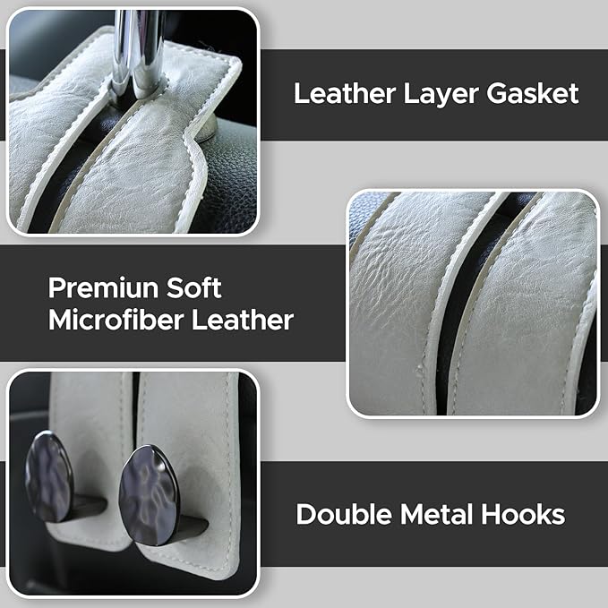 2PCS Leather Car Seat Hooks for Headrest, Vehicle Hanger Storage Organizer Universal for Handbag Purse, Car Accessories Gift (Grey-Black)