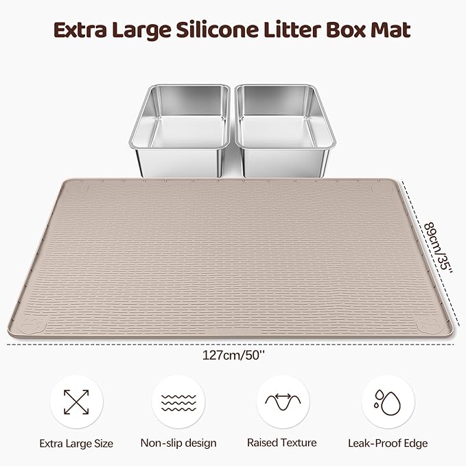 Bartuke Cat Litter Mat, XXL Extra Large 50" x 35" Silicone Mat Litter Trapping Mat for Scatter Control, Soft on Kitty Paws, Easy to Clean (Khaki)