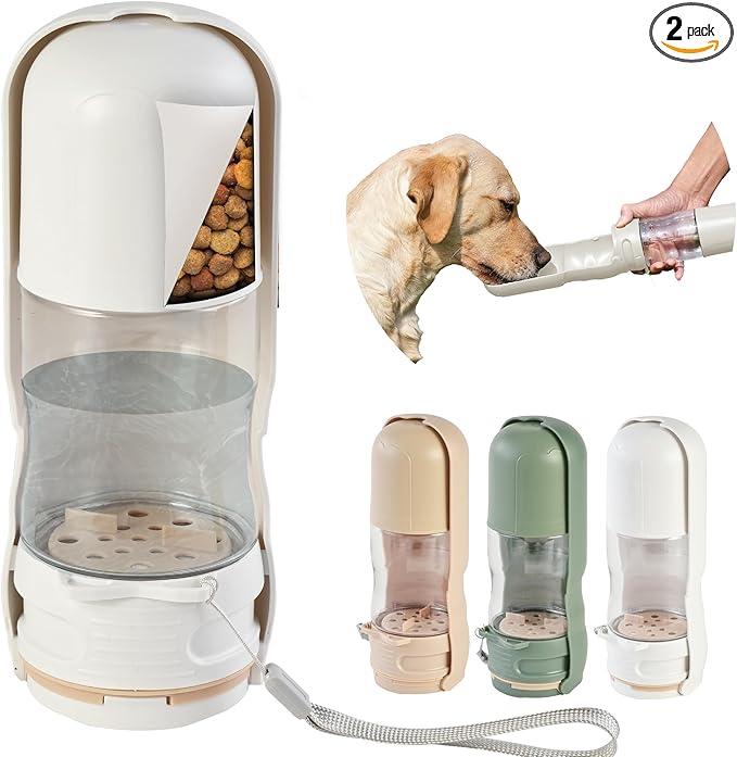 Desired Things Portable Pet Food and Water Dispenser, 2 in 1 Cat & Small Dog Water Bottle & Food Container, Lightweight, BPA Free Pet Water Bottle Traveling Essentials for Walking & Hiking - White