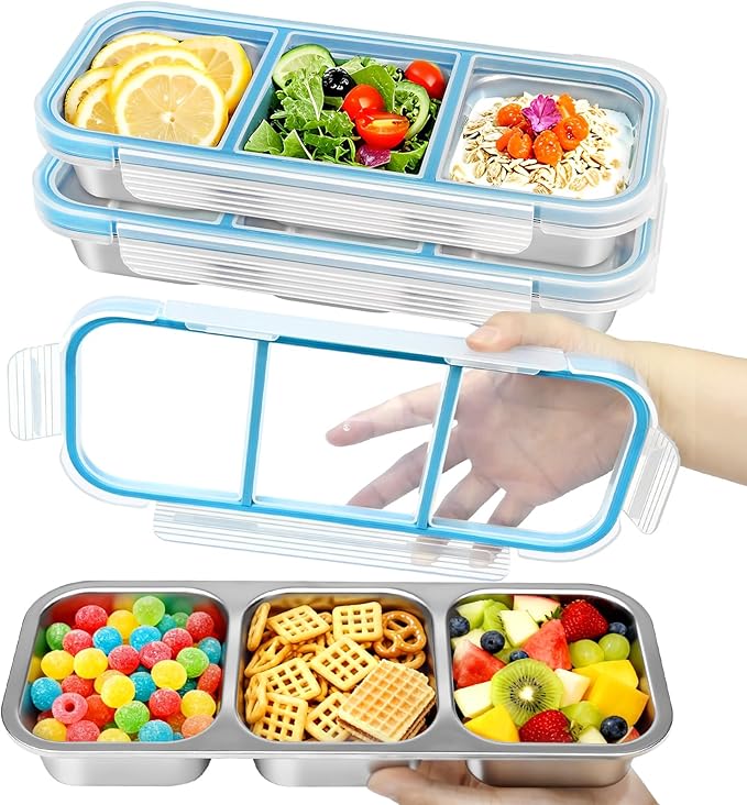 Stainless Steel Snack Containers with Lids, (3 Pack) Snackle Box Airtight Leakproof 3-Compartment Bento Box, Reusable Food Storage Container for Lunch, Travel, Picnics, and Office