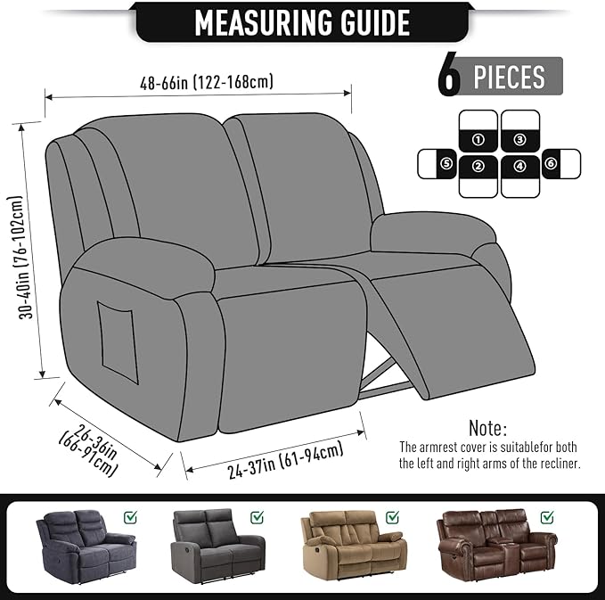 TAOCOCO Recliner Loveseat Slipcover, 6 Pieces Dual Recliner Sofa Covers for 2 Seat Dual Reclining Loveseat Couch, Stretch Soft Jacquard Pattern Furniture Protector with Elasticity (Black)