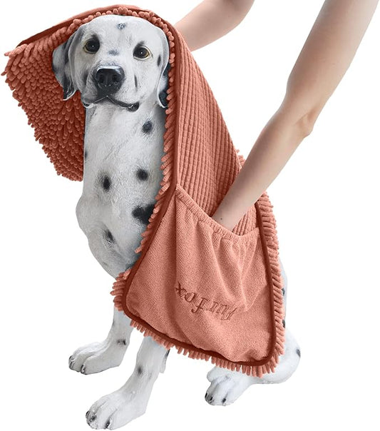 Furfox Absorbent Dog Towel, Microfiber Quick Drying Towel Machine Washable with Hand Pockets for Medium Large Dog 35 x 15'' (Brown)