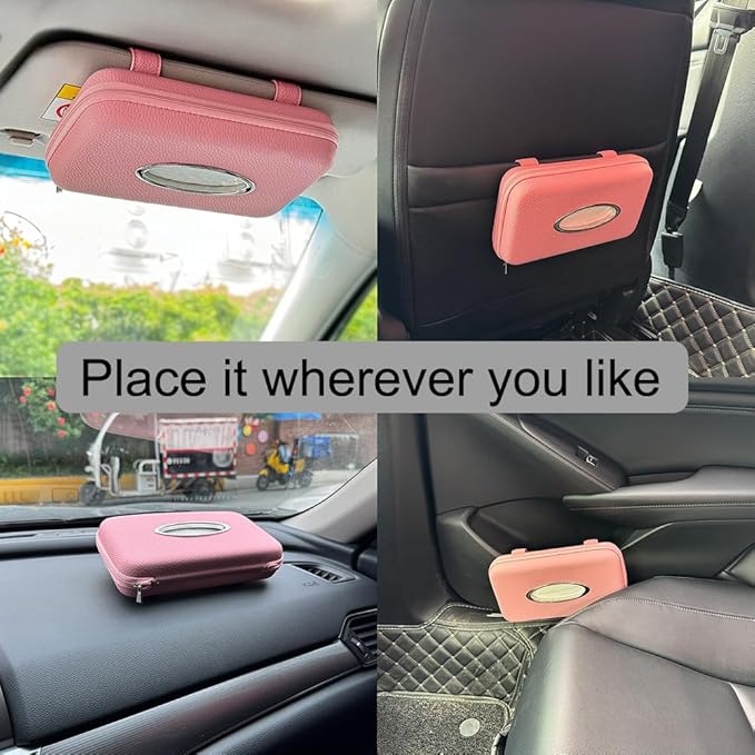 Car Tissue Holder, Sun Visor Tissue Holder, Zipper Car Visor Napkin Holder, PU Leather Backseat Tissue Case for Car,Vehicle (Pink)