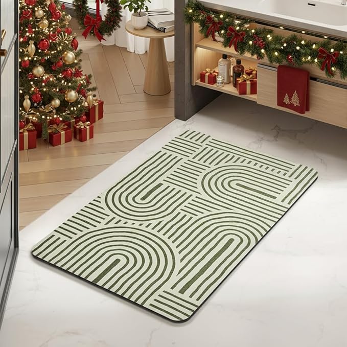 MontVoo -Bath Mat-Non Slip Thin Bathroom Rugs Fit Under Door- Quick Dry Absorbent Faux Suede Surface Grey Bathroom Floor Mats-Shower Rug for in Front of Bathtub Shower Ivory & Green Arched 16x24