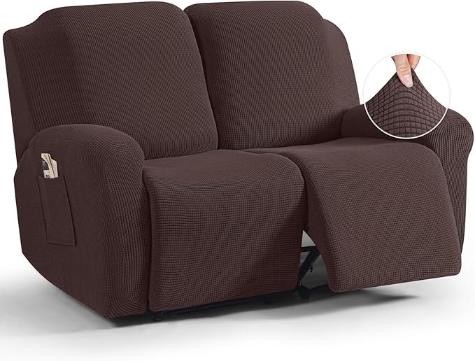 TAOCOCO Recliner Loveseat Slipcover, 6 Pieces Dual Recliner Sofa Covers for 2 Seat Dual Reclining Loveseat Couch, Stretch Soft Jacquard Pattern Furniture Protector with Elasticity (Dark Coffee)