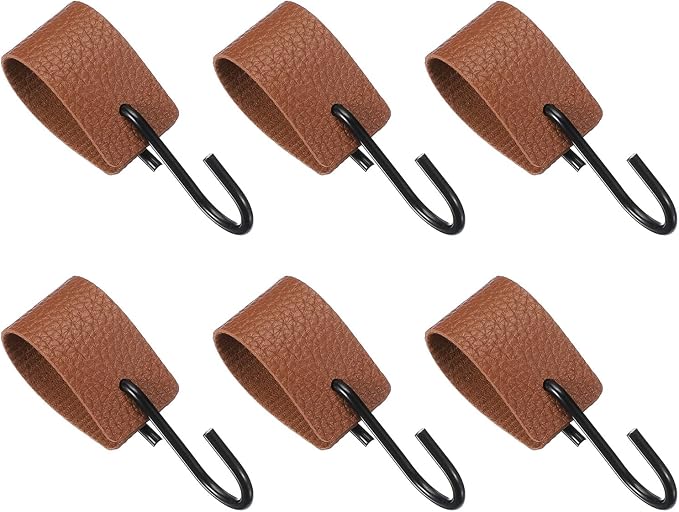 uxcell 6 Pcs PU Leather S Hooks, Multifunctional S Shaped Hooks for Hanging Coat Towel Camping Kitchen Bathroom Handle, Brown