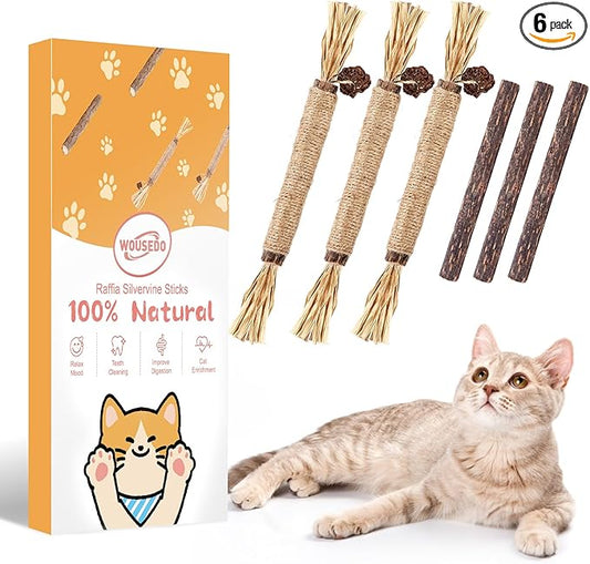 WOUSEDO 6 Pack Silvervine Sticks Cat Toy, Natural Chew Stick for Dental Care Teeth Cleaning,Matatabi Cat nip Treat Toys for Indoor Cats& Kittens
