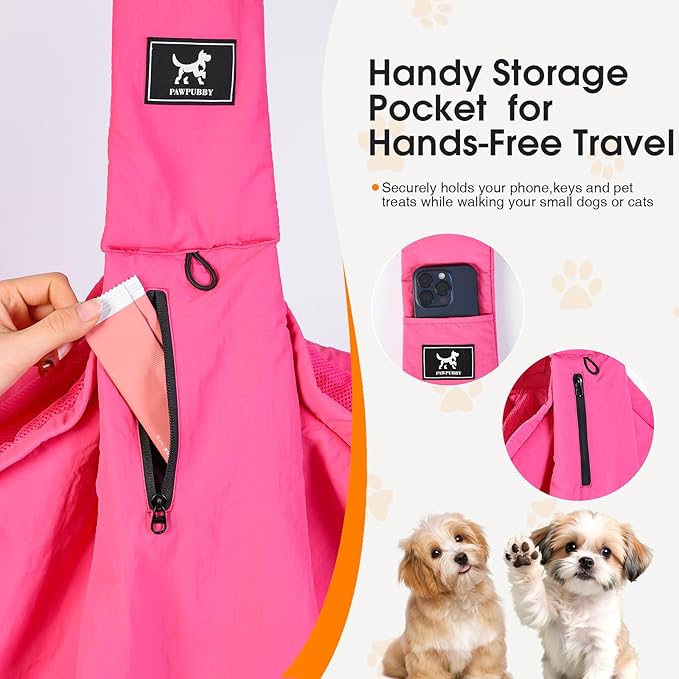 Pet Sling Carrier for Small Dogs and Cats 5-20lbs, Dog Sling with Adjustable Depth, Breathable Air Mesh Puppy Travel Bag, Water Resistant Fabric, Double Safety Leash, Machine Washable,Fuchsia