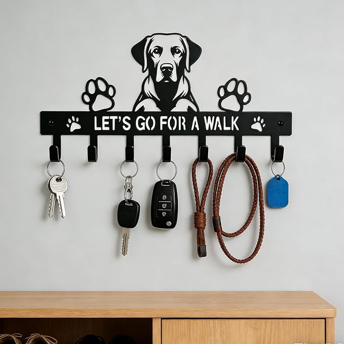 Labrador Key Holder Wall Mount, Dog Leash Holder with 7 Hooks, Metal Key Rack for Entryway Front Door, Black Wall Key Hanger, Labrador Decor Accessories Gift, Decorative Dog Storage Organizer