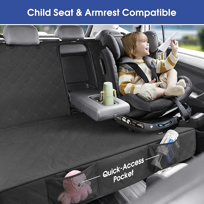 ALLANSING Upgraded 900D Heavy Duty Dog Back Bench Seat Cover, Car Seat Protector, 3 Seatbelts & Armrest Compatible, Waterproof Nonslip Pet Backseat Cover for Dogs & Kids, Fits Most Cars, SUVs, Trucks