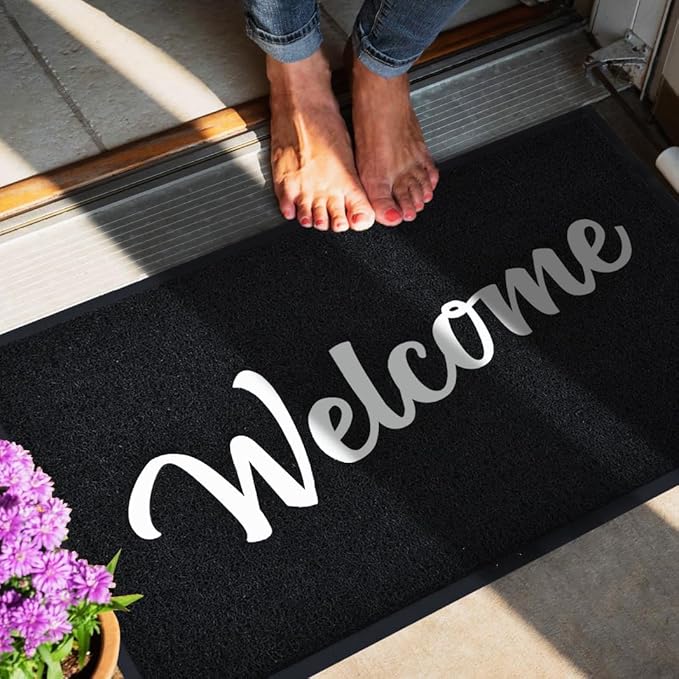 T.HENV Welcome Mat Outdoor Indoor, 30x17.5, Black-White, 1'6" x 2'6" (Rectangular), Waterproof, Non Slip, Easy Clean