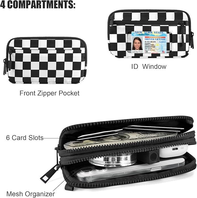 Checkered WristleWallets for Women, RFID Wallet Crossbody with 4 Zippers, Credit Card Holder Cell Phone Organizer