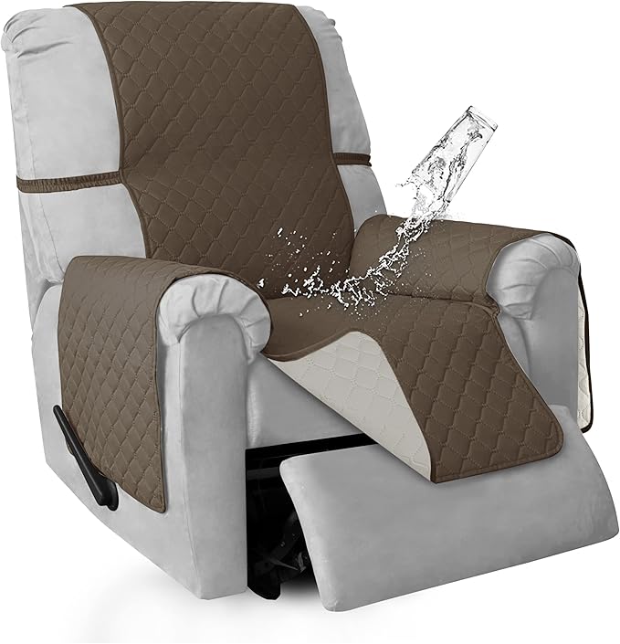 ISSUNTEX Double Protection 100% Waterproof Recliner Covers for Living Room, Reversible Furniture Protector Recliner Couch Sofa Slipcover for Dogs, Pets, Kids (Recliner, Camel/Ivory)