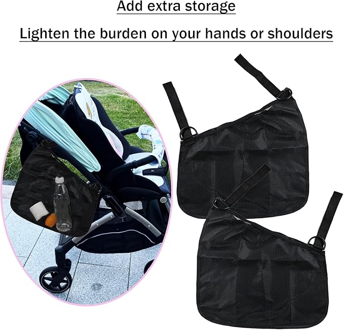2PCS Universal Side Sling Stroller Cargo Net,Portable Storage Mesh Bag,Stroller Storage Organizer Bag,Non-Slip and Adjustable Straps Side Sling Mesh Organizer(Black)