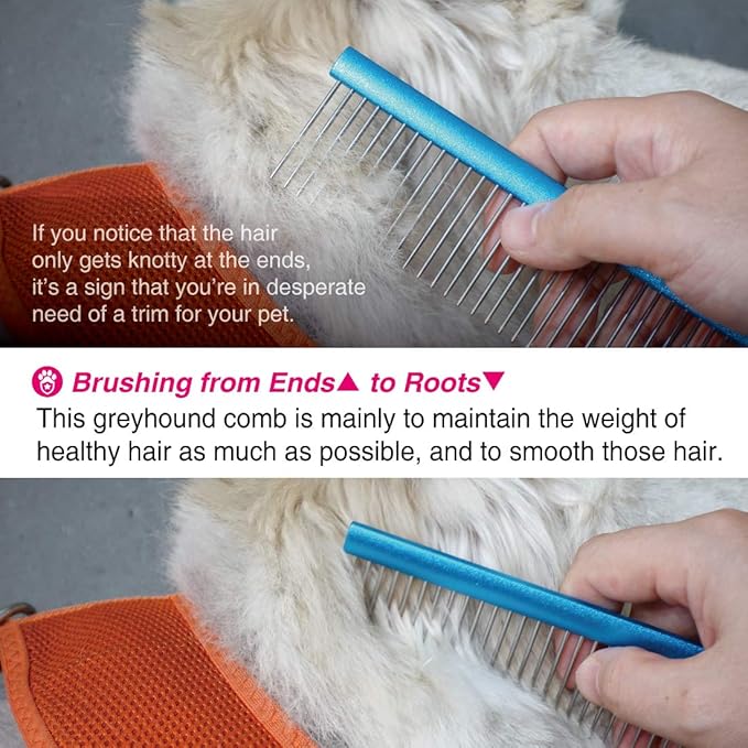 Claw Claws Greyhound Comb with Oval Handle for Dogs and Cats, Removing and Shedding Matted, Tangled Hair, Metal Comb with Stainless Steel Pins, Detangling Grooming Tool (9.8" Blue-20% fine pins)