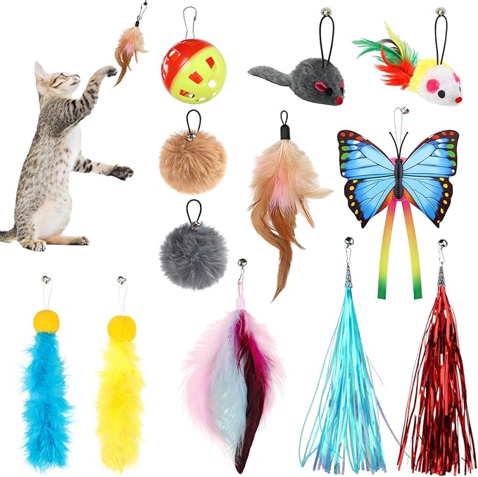 Cat Toys Replacement Cat Toy Wand Refills, 12 Pcs Cat Feathers Refill, Cat Toy Mouse Cat Wand Refill Attachments for Indoor Cats