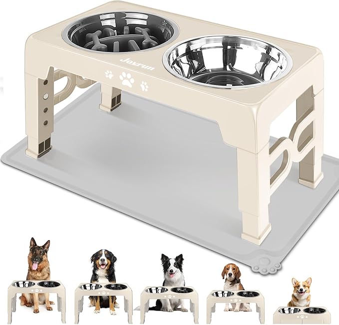 Jovrun Elevated Dog Bowls, Dog Feeder with Stainless Steel Dishes & Slow Feeder Bowl, 5 Heights Adjustable Raised Stand for Medium Large, Food Dishes with Non-Slip Feet