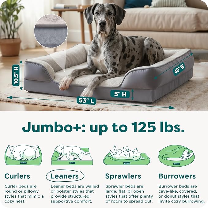 Furhaven Cooling Gel Dog Bed for Large Dogs w/ Removable Bolsters & Washable Cover, For Dogs Up to 125 lbs - Plush & Velvet Waves Perfect Comfort Sofa - Granite Gray, Jumbo Plus/XXL