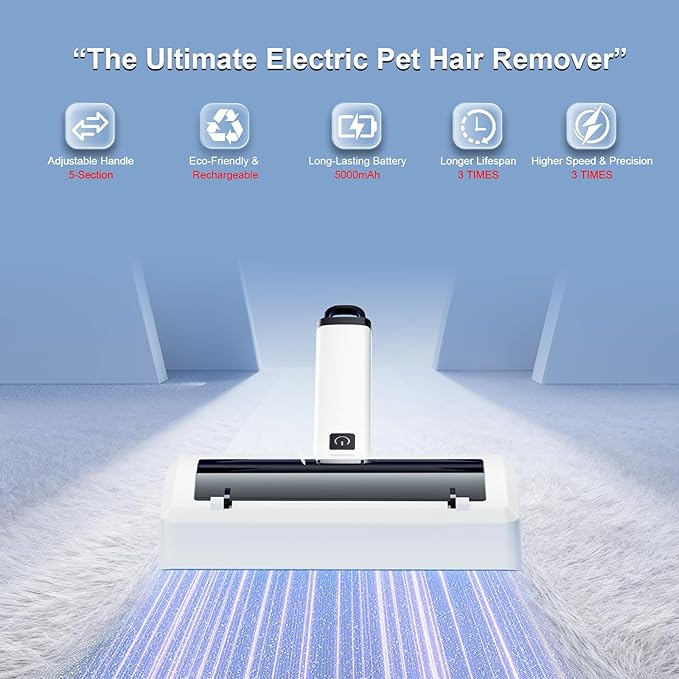 Electric Pet Hair Remover for Dogs & Cats, Rechargeable Lint Roller with Adjustable Handle, Portable Hair Cleaner for Sofa, Carpet, Bed, Car, Multi-Surface Fur Removal Tool (White, Electric)