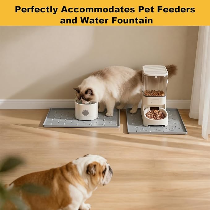 Pieviev Dog Cat Food Bowl Mat, Silicone Waterproof Food Grade Pet Food Mat for Floor, High Raised Edge to Prevent Spills, Non-Slip & Easy Clean Pet Placemat for Dog & Cat Bowls, 16''x12'', Light Gray