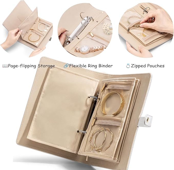 Vlando Small Jewelry Book Organizer - Leather Travel Jewelry Case with 5 Detachable Pages for Necklaces, Rings, Earrings, Tangle-Free, Giftable, Croco White