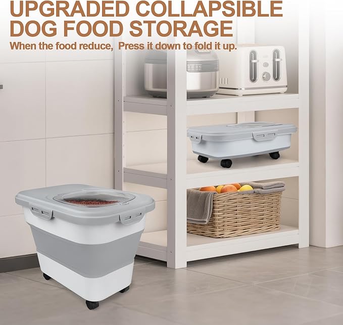 TIOVERY Dog Food Storage Container, 10-20lbs Collapsible Dog Cat Food Containers with Airtight Clear Flip-top，Rolling Wheel and Pet Food Scoop, Pet Food Storage Container Bin for Dog Cat Bird Pets