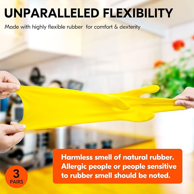 Vgo... 3-Pairs Reusable Household Gloves, Rubber Dishwashing gloves, Extra Thickness, Long Sleeves, Kitchen Cleaning, Working, Painting, Gardening, Pet Care (Size XL, Yellow, HH4601)
