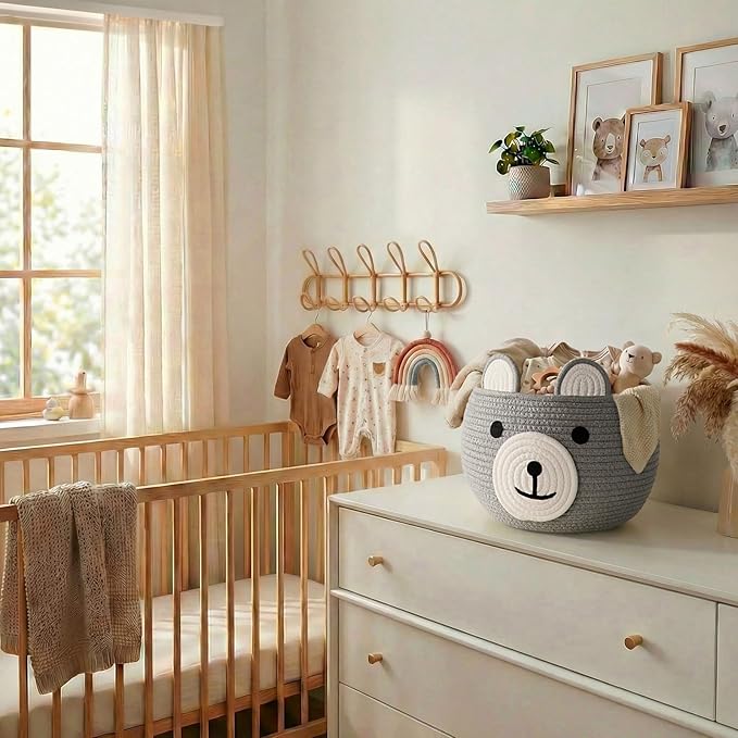 CherryNow Baby Basket for Nursery, Bear Gift Baskets Empey for Kids, Diaper Caddy Baby Shower Basket, Cute Animal Baskets for Toy Storage, Light Grey, 10.5"D x 8.5"H