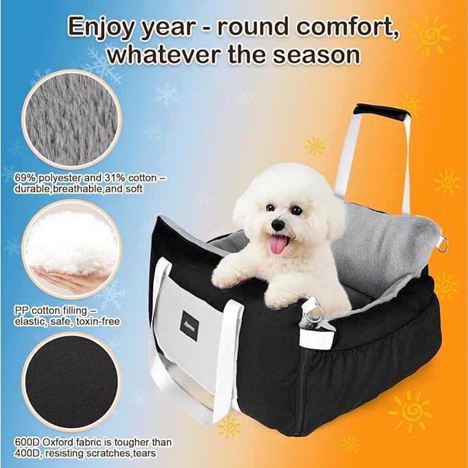 Dog Car Seat for Small Dogs – Pet Safe Soft Booster Car Seat with Side Flaps, Nonslip Base & Clip-On Leash, Storage, Portable Travel Bed Puppy Bags for Outdoor, Holds Up to 25 lbs, Black