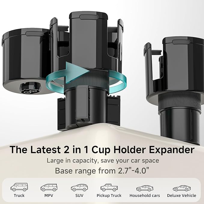 Car Cup Holder Expander, 2 in 1 Cup Holder Extender Adapter with Expandable Base, Fits Yeti, Hydroflask, Large Water Bottles 10-46 OZ